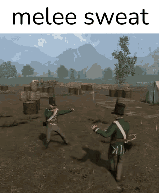 two soldiers are fighting in a field with the words melee sweat behind them