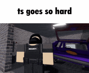 a cartoon character wearing a security vest is standing in front of a purple car