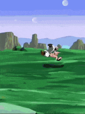 a cartoon character is flying through a grassy field with mountains in the background