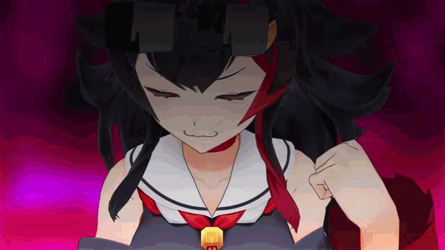 a girl with black hair and red highlights is wearing a school uniform and tie