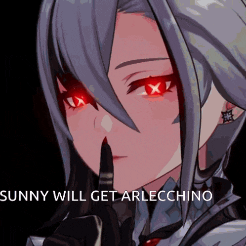 a close up of a girl with red eyes and the words sunny will get arlechino