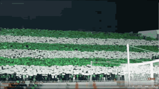 a soccer field with a lot of green and white flags on it