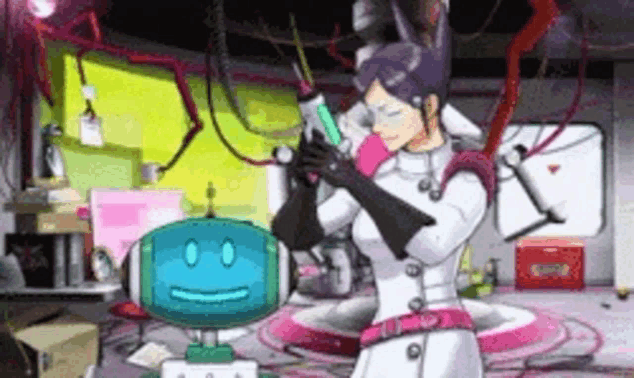 a woman in a lab coat is standing next to a blue robot .