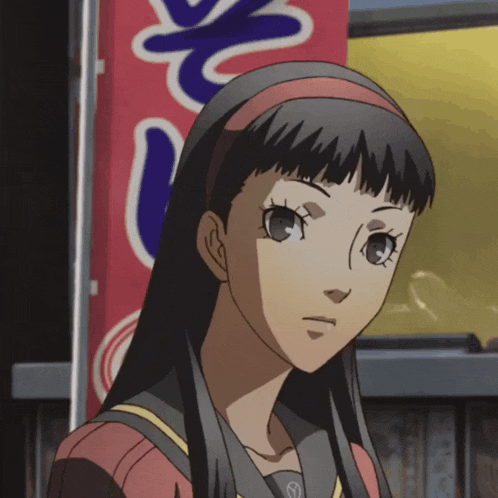 a girl stands in front of a red and blue sign that says ' s ' on it