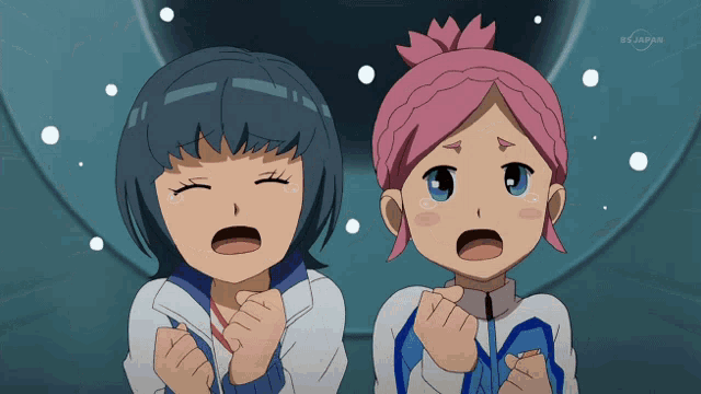 two anime girls are standing next to each other in front of a bs japan sign