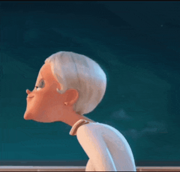 a cartoon woman with white hair is standing in front of a blackboard .