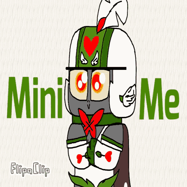 a cartoon character with the words mini me in green letters