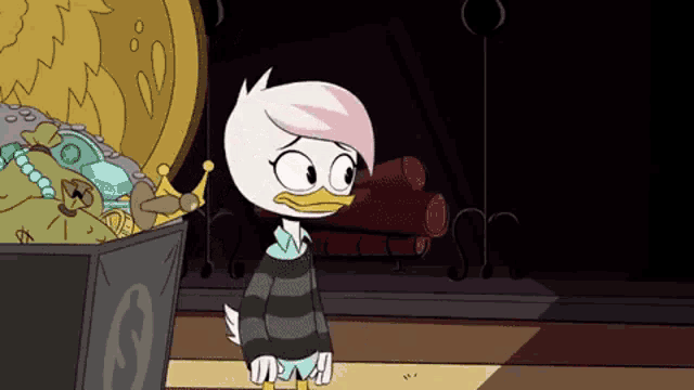a cartoon duck is standing next to a trash can filled with treasures .