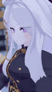 a girl with white hair and purple eyes is wearing a black and gold outfit