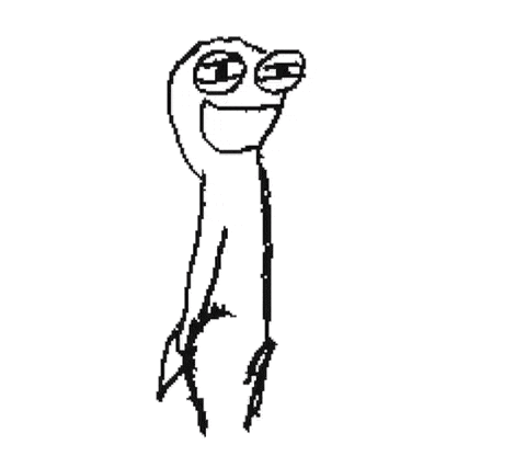 a black and white drawing of a frog with big eyes and a smile on its face .