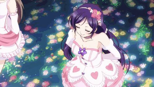 a girl with purple hair is wearing a pink and white dress with hearts on it