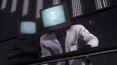 a man with a tv on his head has a name tag that says ' a.m. ' on it
