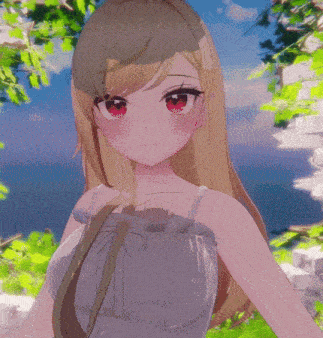 a girl with blonde hair and red eyes is wearing a white dress and a headband .