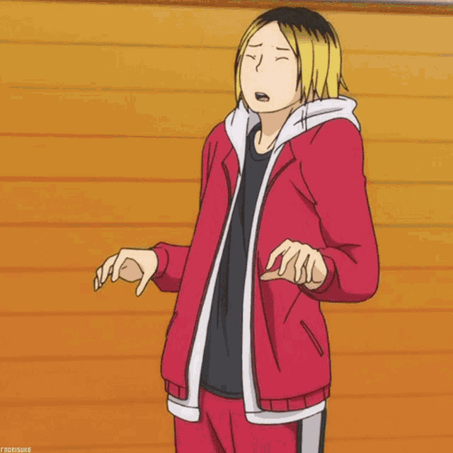 a cartoon drawing of a man with yellow hair and a red jacket with a black shirt and white pants