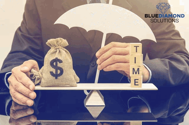 a man holding an umbrella over a bag of money with the word time written on a wooden block