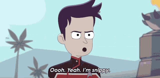 a cartoon character says " yeah i 'm snippy " in front of palm trees
