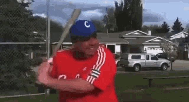 a man in a red shirt and a blue hat is holding a baseball bat .