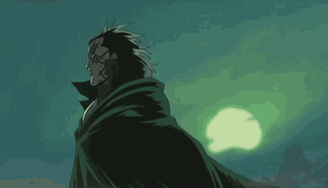 a man in a green cape stands in front of a sun