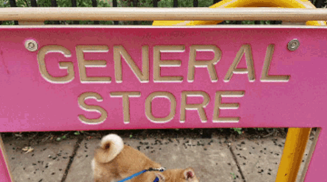 a pink general store sign with a small dog in front of it