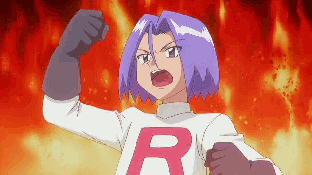 a cartoon character with purple hair is wearing a white shirt with the letter r on it