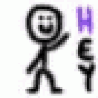 a stick figure with a smiley face on it is standing next to a purple key .