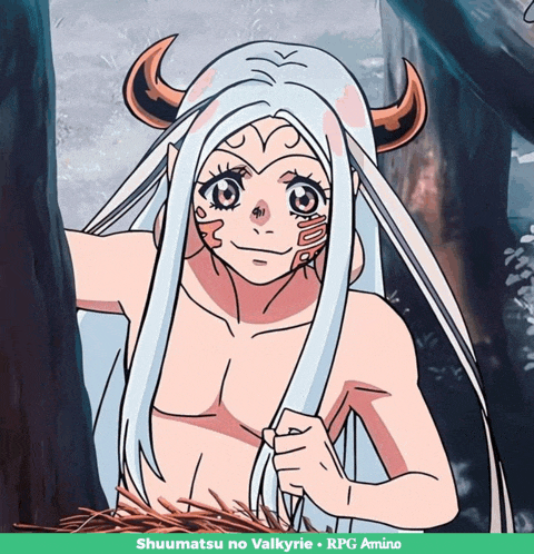 a picture of a naked anime girl with horns and long white hair