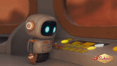 a cartoon robot is standing next to a machine that says suchard on it