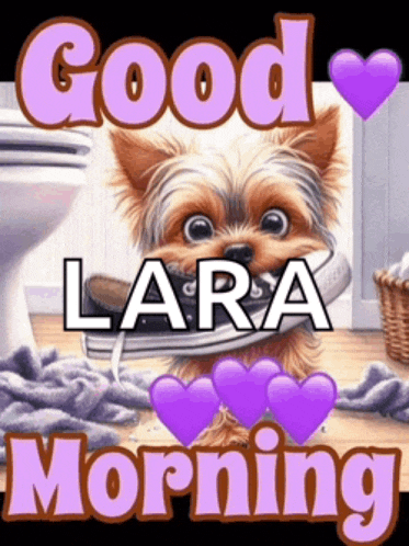 a picture of a dog with a shoe in its mouth says good morning lara morning