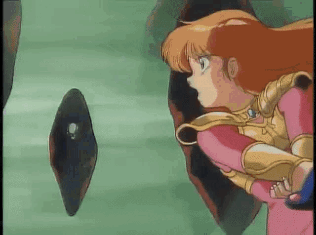 a girl in a pink dress is holding a sword and looking at a shield .