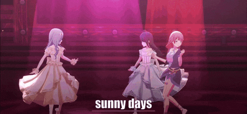 three anime girls are dancing on a stage with the words sunny days in the corner