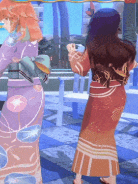 two anime girls in kimonos are dancing on a blue tiled floor