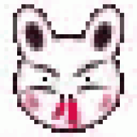 a pixel art drawing of a rabbit 's face with a bloody nose and eyes .