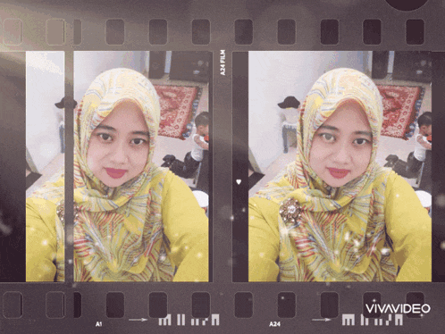 a woman wearing a yellow scarf is taking a selfie in front of a a24 film