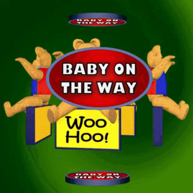 a sign that says baby on the way with a yellow sign that says woo hoo
