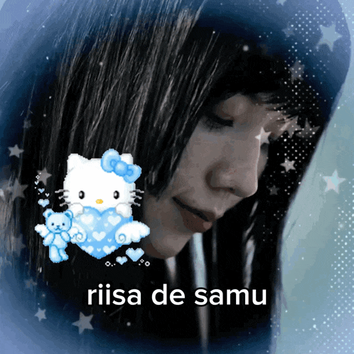 a picture of a girl with a hello kitty and the words riisa de samu on the bottom