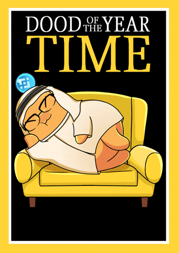 a cartoon of a man sleeping on a couch with the words " dood of year time " above him