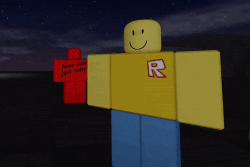 a yellow roblox character stands next to a red roblox character who says " team code join today "