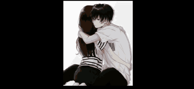 a boy and a girl are hugging each other in a black and white drawing .