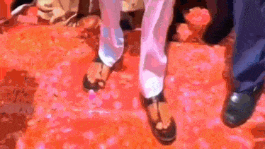 a group of people are walking on a red carpet covered in petals .