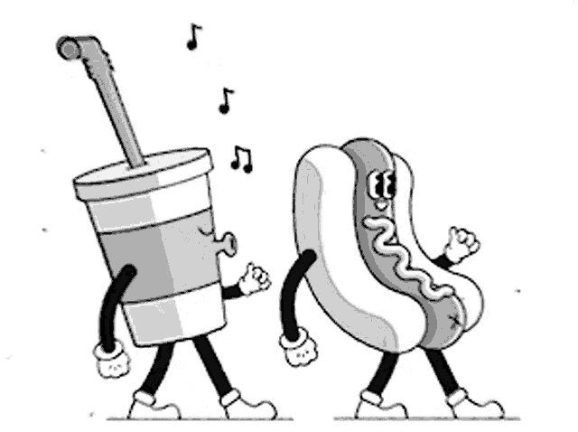 a cup of coffee and a hot dog with arms and legs are dancing together .