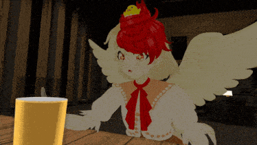 a girl with red hair and white wings is sitting at a table with a glass of beer