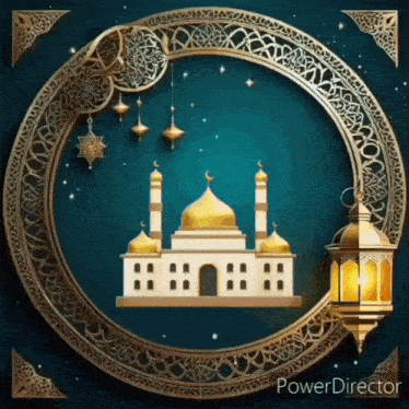 a picture of a mosque with a lantern and a crescent moon