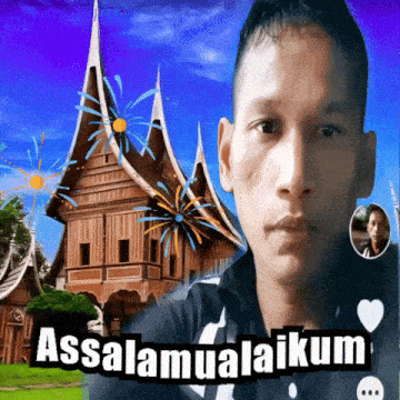 a man is standing in front of a wooden building with the words " assalamualaikum " on the bottom