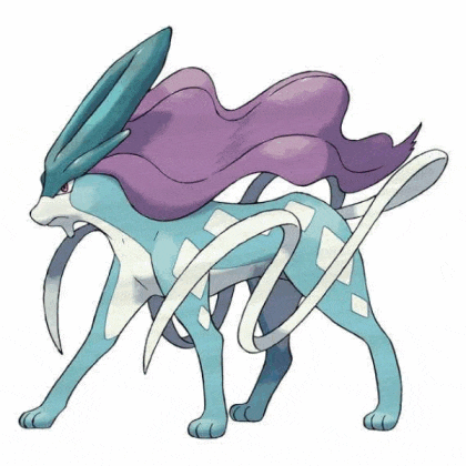 a pokemon with a long purple hair and a long tail is standing on a white background .