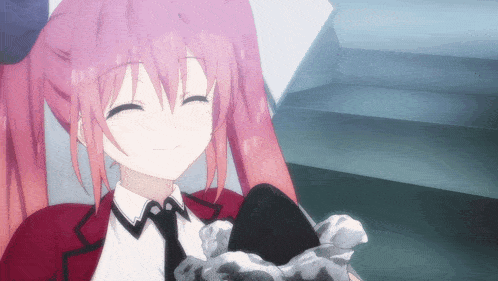 a girl with pink hair is holding a black object