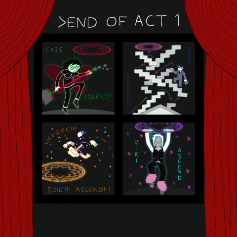 a poster for the end of act 1 with a red curtain