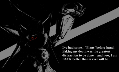 a black and white drawing of a robot says " i 've had some " plans " before hand "