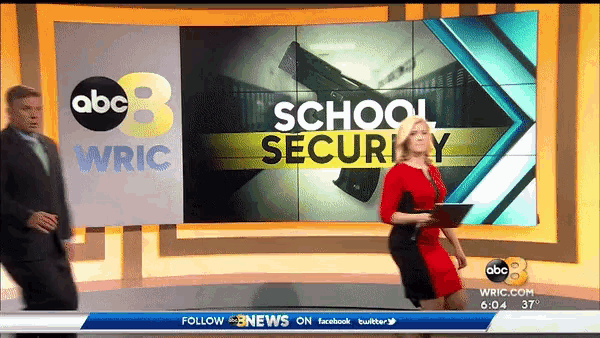 an abc 8 wric newscast with a woman dancing in front of a screen that says school security