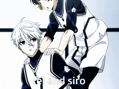 two anime characters are standing next to each other with the words rei and siro written on the bottom