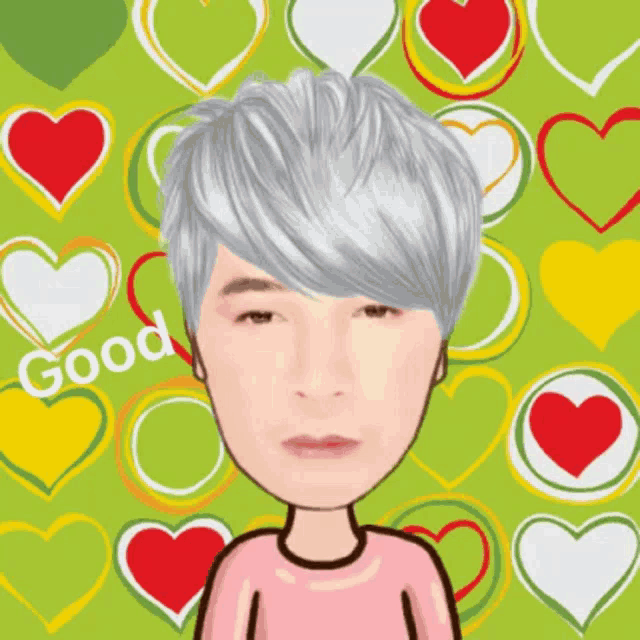 a cartoon drawing of a man with hearts in the background and the word good above him